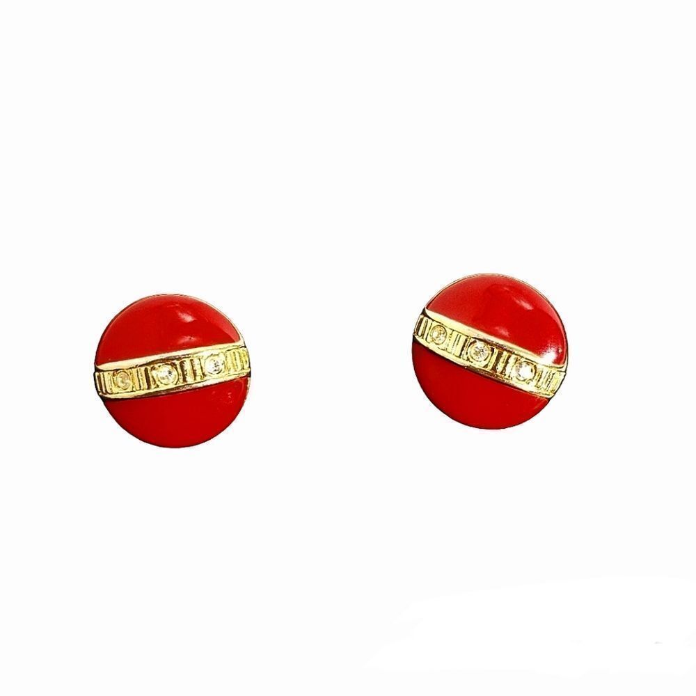 Vintage rhinestone gold & red enamel circle clip on earrings - Picture 2 of 5